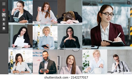 Video Meeting. Business Webcast. Distance Interview. Screenshot Of Female CEO Employee Team Working On Project Online In Virtual Home Office.