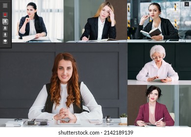 Video Meeting. Business Webinar. Professional Telecommuting. Screenshot Of Female Leader Team Discussing Project Online In Virtual Office.