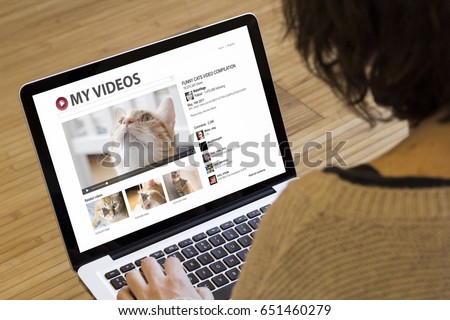 video online concept: cats videos online on a laptop screen. Screen graphics are made up.