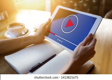 Video player window on device screen. Internet marketing and advertising concept.