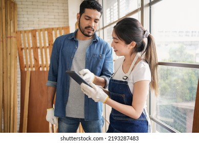 Video Portrait Of Two Happy Carpenters Designing And Planing Wood Products In Workshop, Smiling Couple Of Joiners In Joinery, Woodworking Job Concept