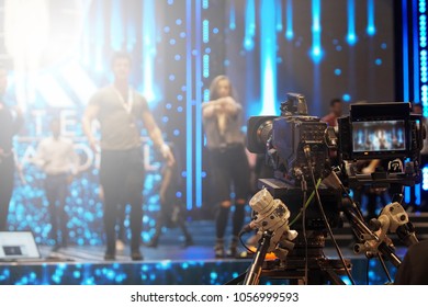 Video Production Camera Social Network Live Recording On Stage Event Which Has Interview Session Of Contest, Performance, Concert Or Business Seminar.  World Class Stage And Ob Switch Team