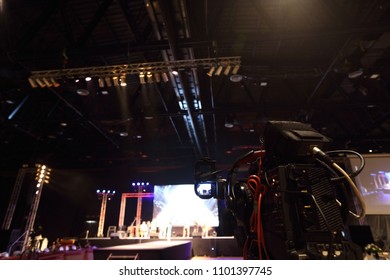 Video Production Camera Social Network Live Recording On Stage Event Which Has Interview Session Of Contest, Performance, Concert Or Business Seminar.  World Class Stage And Ob Switch Team