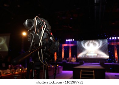 Video Production Camera Social Network Live Recording On Stage Event Which Has Interview Session Of Contest, Performance, Concert Or Business Seminar.  World Class Stage And Ob Switch Team