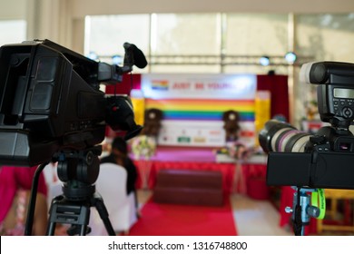 Video Production Camera Social Network Live Recording On Stage Event Which Has Interview Session Of Contest, Performance, Concert Or Business Seminar.  World Class Stage And Ob Switch Team