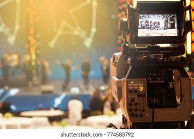 Video Production Camera Social Network Live Recording On Stage Event Which Has Interview Session Of Contest, Performance, Concert Or Business Seminar.  World Class Stage And Ob Switch Team