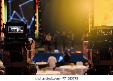 Video Production Camera Social Network Live Recording On Stage Event Which Has Interview Session Of Contest, Performance, Concert Or Business Seminar.  World Class Stage And Ob Switch Team