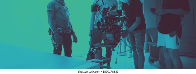 Video Production And Studio Set Up For Movie Shooting. Behind The Scenes Of Filming Online Video Production With Professional 8k Camera Equipment And Film Crew Team Working. Movie Industry Concept.