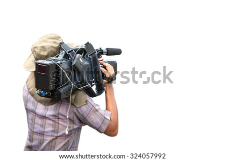 Video professional camera man operator isolated on white background