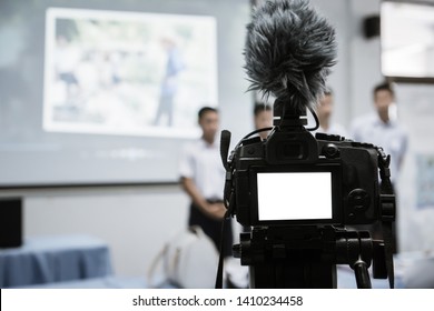 Video Or Professional Digital Mirrorless On Tripod For Camera Recording With Microphone Taking Photograp In Students Group Presentation On Front Classroom For Live Streaming Event Production