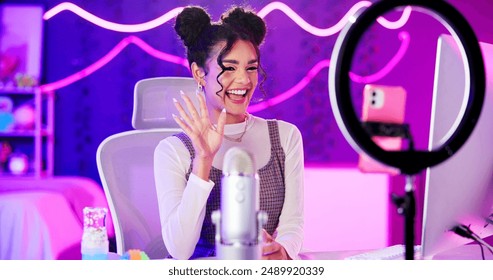 Video, streamer and girl with phone live streaming in neon bedroom for social media audience, fans or followers. Excited content creator, influencer or young woman waves hello with ring light at home - Powered by Shutterstock