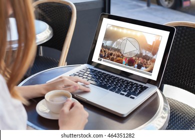 Video Streaming, Online Concert, Woman Watching Live Music Clip On Internet On Laptop In Cafe