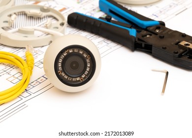 Video Surveillance Equipment Blueprint On Table Stock Photo 2172013089 