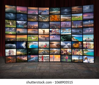 Video Wall In Television Production Room As Technology Concept With Colorful Screens.