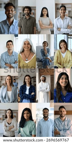 Videocall application usage by business or personal, worldwide communication, group of enthusiastic different age and race people smile looking at camera posing indoors. Multiple videos collage view