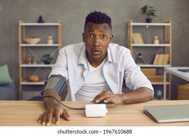 Videocall Headshot Of Sick Black Man Shocked After Measuring High Blood Pressure. Webcam Videoconference View Of Young African American Patient With Hypertension Sitting At Table And Looking At Camera