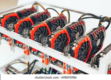 Videocards for the crypto currency. White background. Close-up