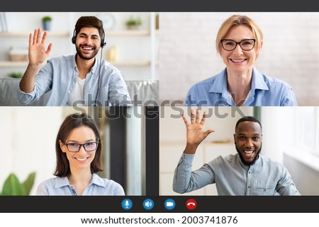 Videoconference Concept. Diverse team working remotely, having group video call, sharing ideas and brainstorming. Four multiethnic young and mature businesspeople negotiating, pc screen app view