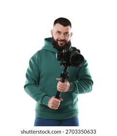 Videographer using gimbal stabilizer with camera on white background