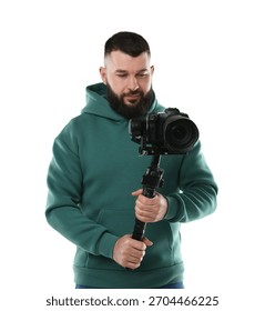 Videographer using gimbal stabilizer with camera on white background