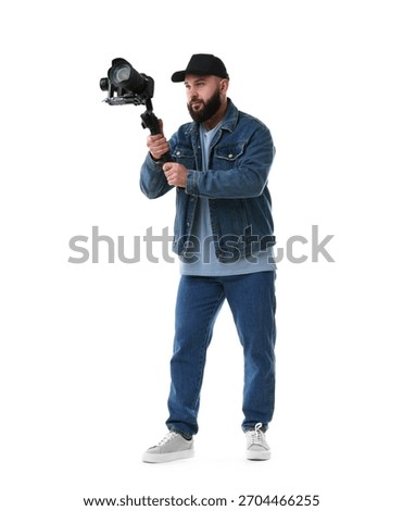 Videographer using gimbal stabilizer with camera on white background