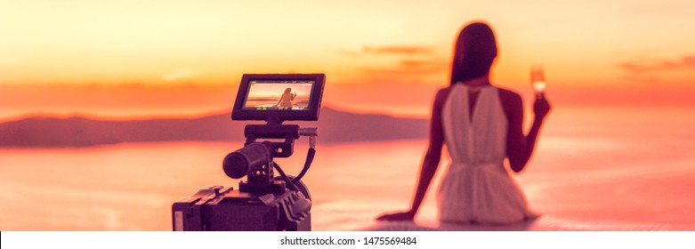 Videography Professional Video Camera Shoot Behind The Scene Shooting At Sunset Scene Banner Panorama, Luxury Travel. Professional Videography Equipment Shooting In Summer Destination.