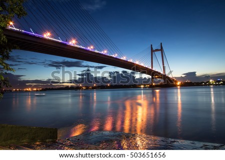 Vidyasagar bridge (setu) on river Hooghly at twilight time.Also known as the second Hooghly bridge it is the longest cable stayed bridge in India.