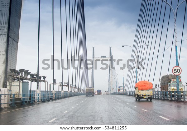 Vidyasagar Setu (Bridge) over river Ganges, known\
as 2nd Hooghly Bridge in Kolkata,West Bengal,India. Connects Howrah\
and Kolkata, two big cities of West Bengal. Longest Cable- stayed\
bridge in India.