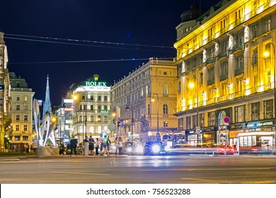 VIENNA, AISTRIA - 25 Aug 2017: Karntner Strasse Street At Night