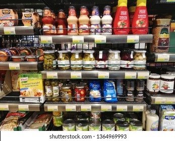 VIENNA, APRIL 9TH, 2019 - Shelf Of Condiments, Many Of Them Are Well Known Brands In Austria. Photo Taken Inside A Gas Station Store In Vienna, Austria. 