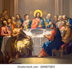 VIENNA, AUSTIRA - JULI 5, 2021: The painting of Last Supper in Barbarakirche church by Efrem Klein (1780).