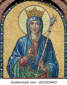 VIENNA, AUSTIRA - JULI 5, 2021: The mosaic of Mary quee of Rosary on the facade of St. Anthony church from begin of 20. cent..