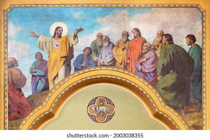 VIENNA, AUSTIRA - JUNI 18, 2021: The fresco of JJesus as Teacher in Herz Jesu church from begin of 20. cent. by autor with F.Z. initials.