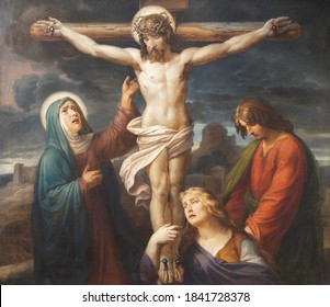 VIENNA, AUSTIRA - OCTOBER 22, 2020: The painting of Crucifixion in church St. Johann der Evangelist by Karl Geiger (1876).