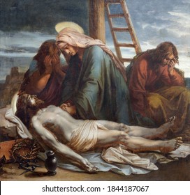VIENNA, AUSTIRA - OCTOBER 22, 2020: The painting Deposition of the cross in church St. Johann der Evangelist by Karl Geiger (1876).