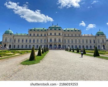 Vienna, Austria - 05 20 2022: Belvedere Palace, Belvedere Palace building and gardens and  statues, Vienna, Austria, outdoors