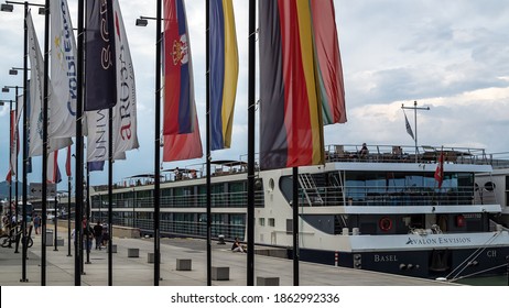 VIENNA, AUSTRIA - 07.14.2019:  The Avalon Envision River Cruise Ship Moored At The Vienna River Cruise Port