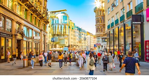 Vienna, Austria - 10 September, 2021: Panoramic View Of Central Carinthian Street (Karntner Strasse) In Vienna Old Town, Austria