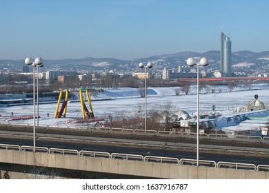 Vienna, Austria, 13 Jan 2003, Forzen River New Danube With Bridge Reichsbrücke