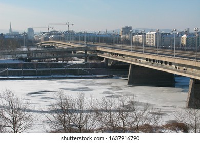 Vienna, Austria, 13 Jan 2003, Forzen River New Danube With Bridge Reichsbrücke