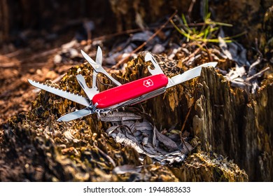 Vienna, Austria - 22 March 2021 : Close up of Victorinox Swiss Army red folding knife.