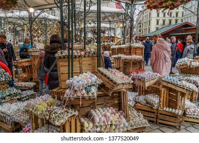Vienna, Austria - April 14 2019: Easter Market Altwiener Freyung Ostermarkt. Wien, Osterreich street market, where local vendors from Austrian regions sell decorative Easter eggs, food & drinks.
