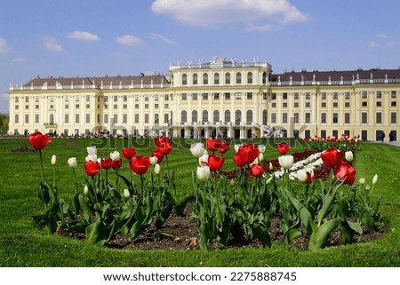 Vienna, Austria - April 2019
This is a picture of Schloss Sch¨önbrunn, an enormous castle in Vienna. In front of the palace you can see some tulips in the Austrian colours. Stock foto © 