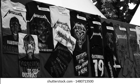 VIENNA, AUSTRIA - AUGUST 16, 2019 - American Rock Band Metallica Concert At Ernst Happel Stadium, Merchandise, Tshirts On Sale On August 16, 2019 In Vienna, Austria