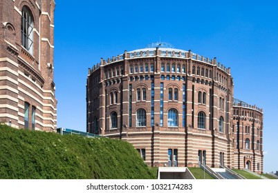 Vienna, Austria - August 2009: The Gasometer Buildings in Vienna, Austria are former natural gas storage facilities that were converted into residential appartment buildings.