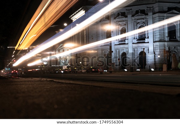 VIENNA, AUSTRIA - AUGUST 27, 2019. Vienna night
with traces of lights from
vehicles