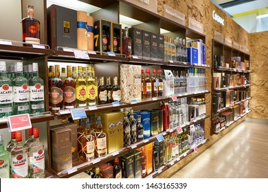 VIENNA, AUSTRIA - CIRCA MAY, 2019: A Broad Range Of Alcoholic Drinks On Display At Duty Free Shopping Area In Vienna International Airport.