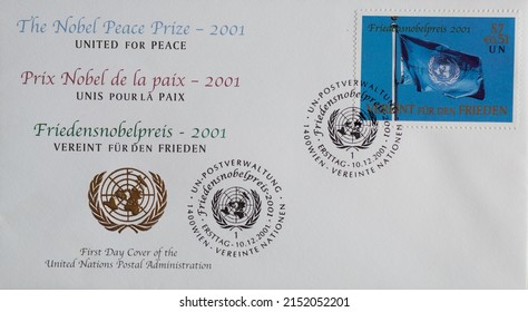 Vienna , Austria - December 10, 2001: Envelope with a First Day Cover on a Postage Stamp with the a flag with the United Nations emblem. Text: The Nobel Peace Prize. United for Peace. Circa 2001