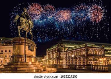 Vienna (Austria) with fireworks during New Year celebration