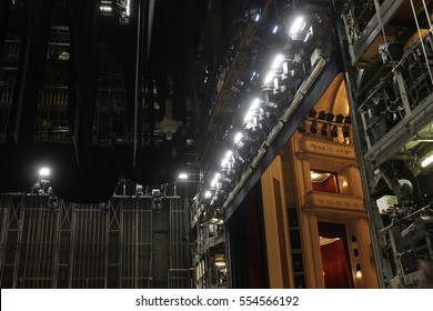 VIENNA, AUSTRIA - JANUARY 2 2016: Backstage of Vienna Opera house, with the lighting set